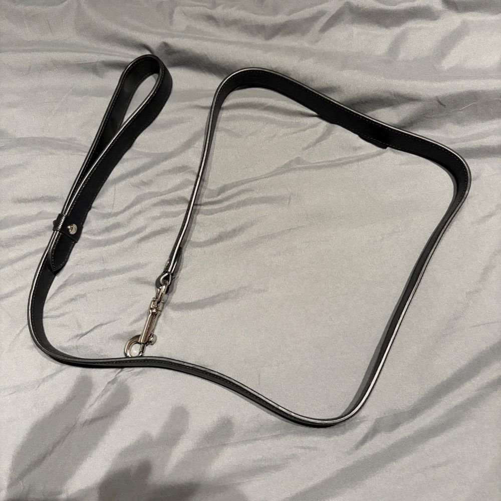 Coach Black Crossgrain Leather 54" Dog Leash Silver Hardware